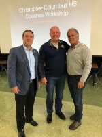 Christopher Columbus High School Principal David Pugh (middle), Student ACES Founder Buck Martinez (right) and Daniel Brea, Columbus board member (left), gather at the coaches’ workshop Aug. 8, 2019. 