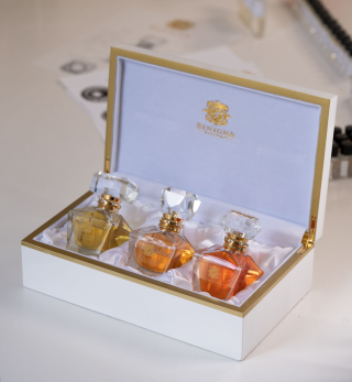 Exquisite Luxury Perfumes Nestled In An Alabaster box-like refillable and sustainable packaging