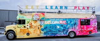 The Currys' foundation, Eat. Learn. Play., has converted a school bus into a free mobile market and bookstore that will bring critical resources directly to Oakland, California, residents who need them. Courtesy Cruising Kitchens