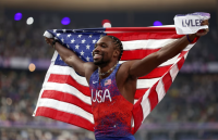 Noah Lyles celebrates after winning gold in the men's 100-meter final at the Olympic Games Paris 2024 on Aug. 4, 2024 in Saint-Denis, France. (Photo by Getty Images)