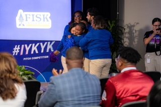 The four scholar team from Fisk University celebrates after winning the 2025 #IYKYK Pitch Competition (If You Know You Know) sponsored by Experian, HomeFree-USA and the Center for Financial Advancement for their idea promoting credit education to teens an