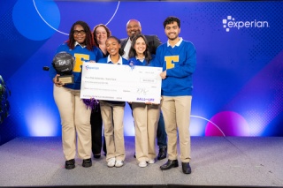 The four scholar team from Fisk University celebrates after winning the 2025 #IYKYK Pitch Competition (If You Know You Know) sponsored by Experian, HomeFree-USA and the Center for Financial Advancement for their idea promoting credit education to teens an