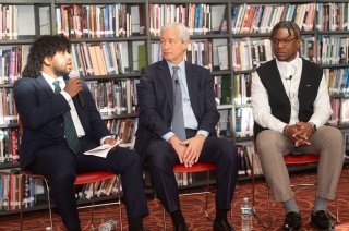 JPMorgan Chase Chairman and CEO Jamie Dimon takes part in a fireside chat with Sagid Mohamed, left, Roshard Hercules, right, to announce the Fellowship Initiative DC on Wednesday, Dec. 01, 2021 in Washington. JPMorgan Chase partnered with Youth Guidance o